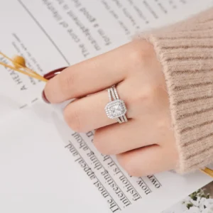Newshe Solid 925 Silver Wedding Jewelry Double Halo Radiant Cut Engagement Bridal Rings for Women White AAAAA Cubic Zirconia