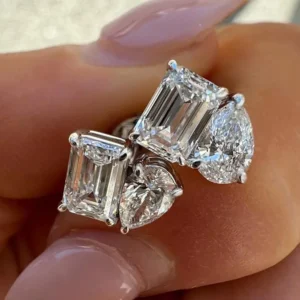 FEOBUR 4cttw Two Stone Moissanite Stud Earrings 925 Sterling Silver Pear & Emerald Cut 2-Diamond Ear Studs Women Wedding Jewelry