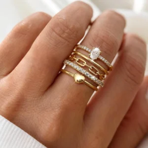 5Pcs 14K Gold Plated Rings for Women Non Tarnish Dainty Cubic Zirconia Stacking Rings Waterproof Minimalist Thin Ring Size 5-10