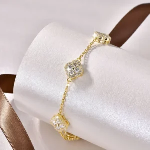 Anziw 14K Gold Filled Bracelets 2.5mm Moissanite Clover Flower Bracelet for Women Lucky Charm Valentine's Jewelry GRA Certified