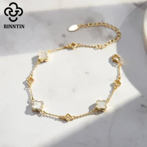 Rinntin New Design 925 Sterling Silver Lucky Four Leaf Clover Women's White Shell Bracelet Jewelry for Girlfriend Present GMB68