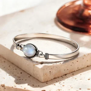 Vintage 925 Silver Natural Oval Moonstone Bangle 7.5 inches Handmade Bangle Fine Jewelry Valentines Gift for Girlfriend Women